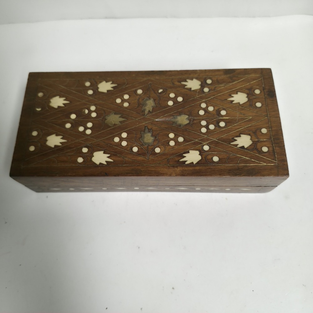 Vintage Handcrafted Wooden Trinket Box Intricate Brass Leaf Inlay Boho Decor